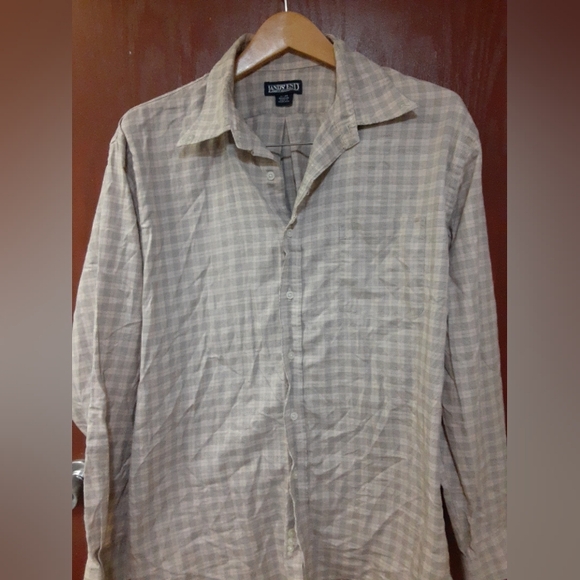 Lands End Men's Long Sleeve Button Down Shirt Tan Cream Gigham Abstract 17 - 34 - Picture 2 of 5